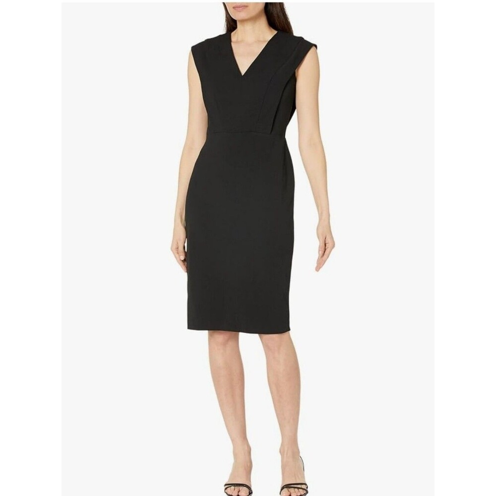 Calvin Klein Black V-Neck Midi Scuba Crepe Sheath Dress Size 12